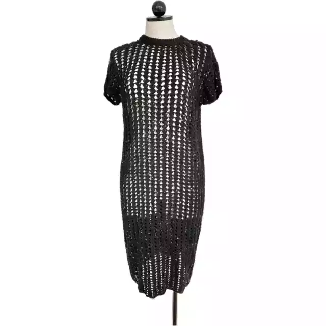 All Saints Alyse Black Crochet Open Mesh Knit Sequins Midi Dress Size Large