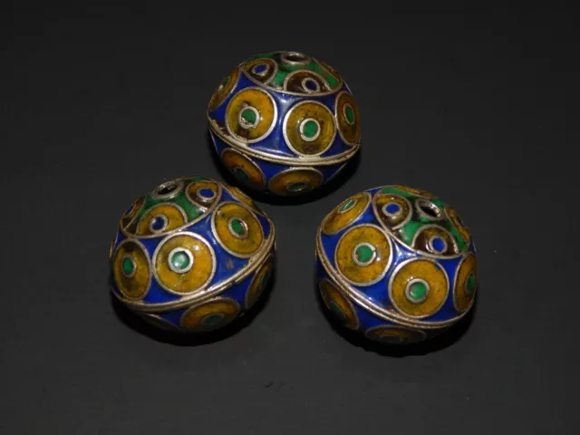 3 Vintage North African Berber Handcrafted Enamel Beads, From Morocco