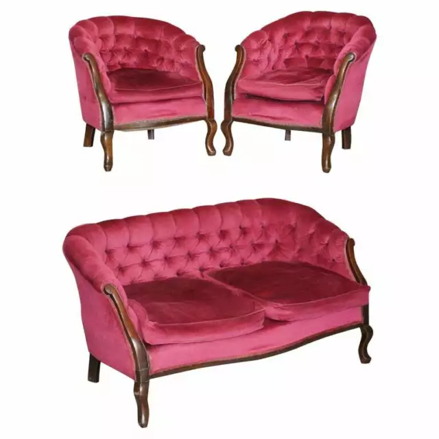 Victorian Mahogany & Pink Velour Parlour Chesterfield Suite Of Sofa & Armchairs