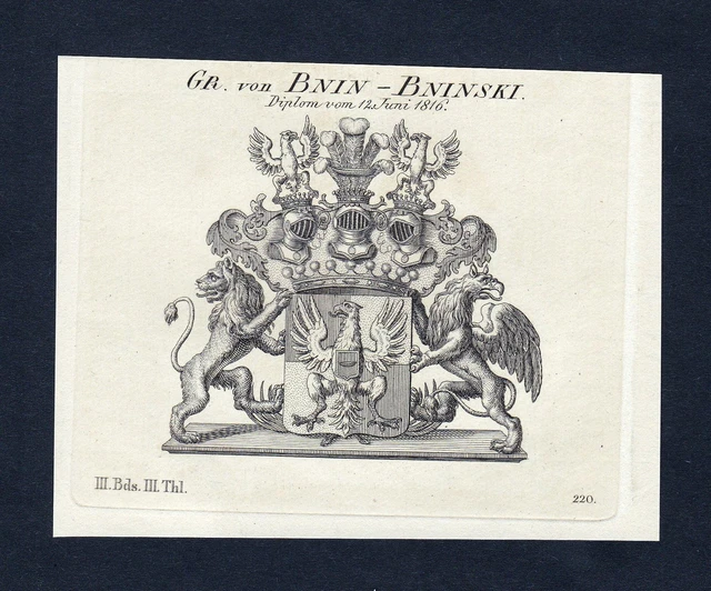CA.1820 BNIN-BNINSKI ARMOIRIES Adel Coat De Arms Gravure sur Cuivre ...