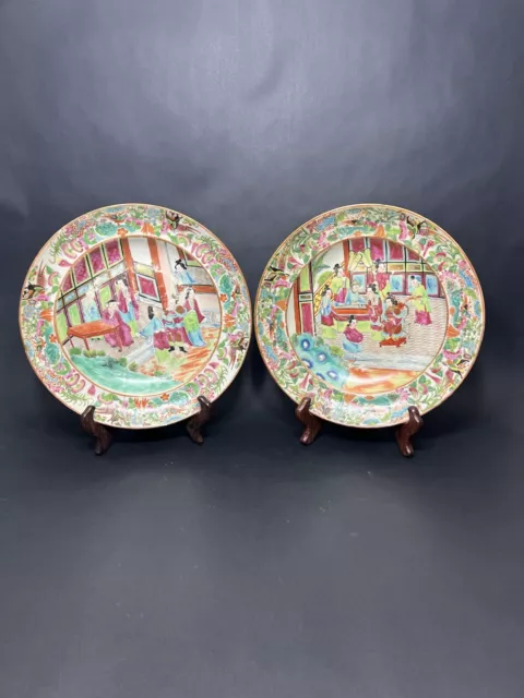 Antique Chinese Pair Famille Rose Love Story Porcelain Dish Plates Handpaint 9"