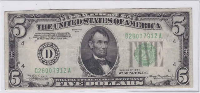 $5 1934 Federal Reserve Note Cleveland (4-D) Dark Green Seal Mule D26007912A
