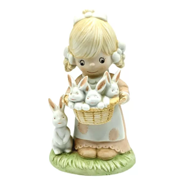 Homco Girl Bunnies Figurine #1444 Basket Easter Spring Pink Dress Blonde