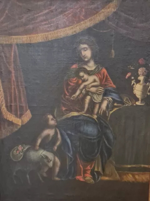 Dipinto olio Su Tela. Madonna, Gesù Bambino E San Giovannino. XVIII Secolo