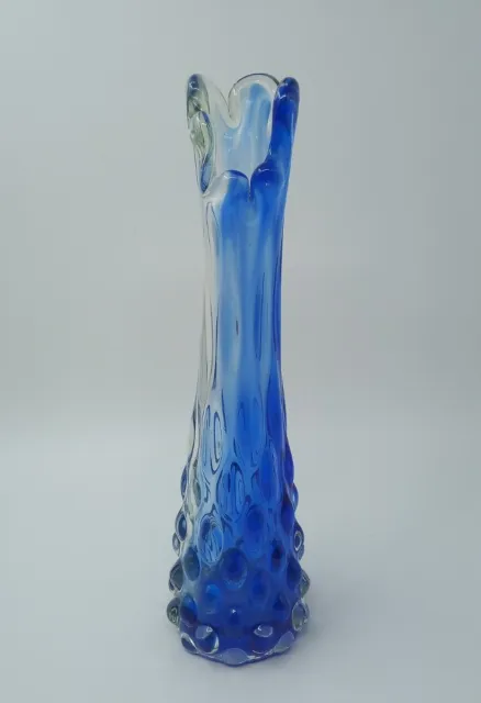 Clear & Cobalt Art Glass Bud/Stem Vase Six Finger Swung Textured 20cm Tall