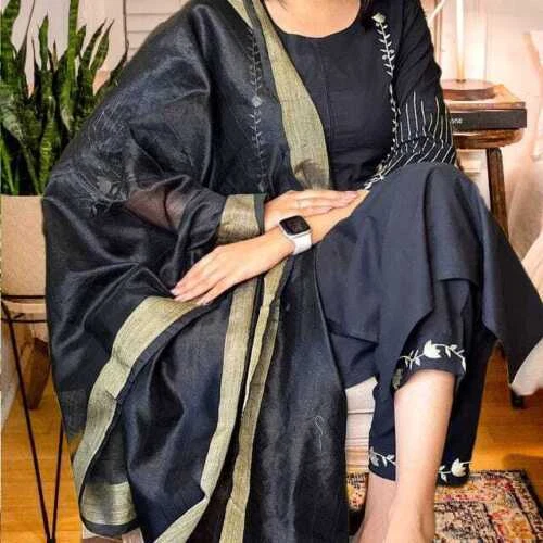 Classy Black Cotton Palazzo Kurta Set Women's Indian Designer Kurti Dupatta Sets