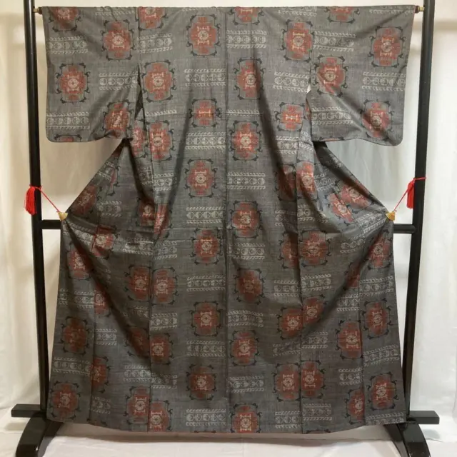 8792# Japanese kimono Vintage Pure Silk Robe Oshima Pongee Gray 162cm