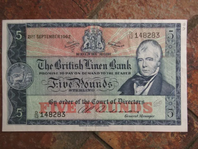 1962 The British Linen Bank Five Pound Banknote Bill