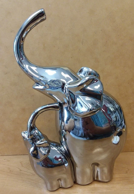 Vintage MCM Silver Metallic Glaze ELEPHANT AND BABY Ceramic Statue Figurine RARE