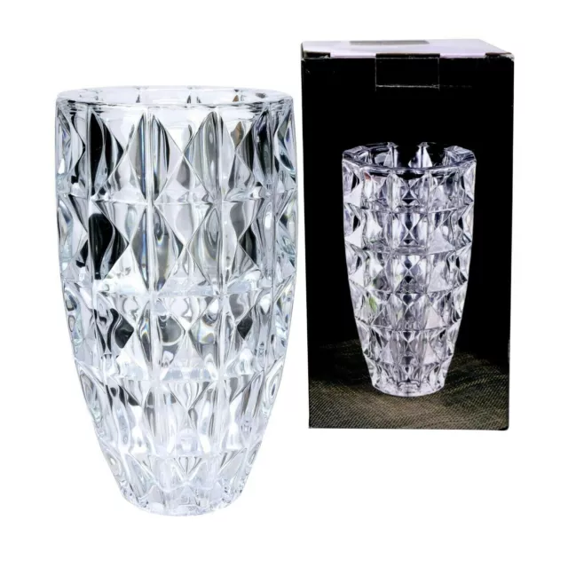 Large Heavy Vintage Retro Crystal Cut Glass Flower Vase 24cm Tall 13cm Diameter