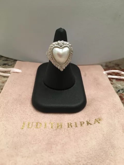 Judith Ripka Sterling Silver Mabe Cultured Heart Shaped  Pearl CZ Ring Size 6