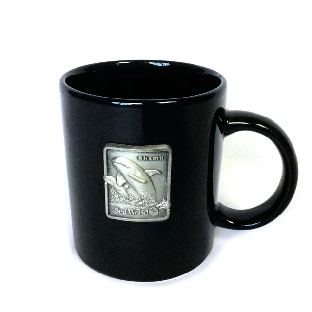 Vintage Sea World SHAMU Orca Whale Coffee Mug Ceramic Black Cup