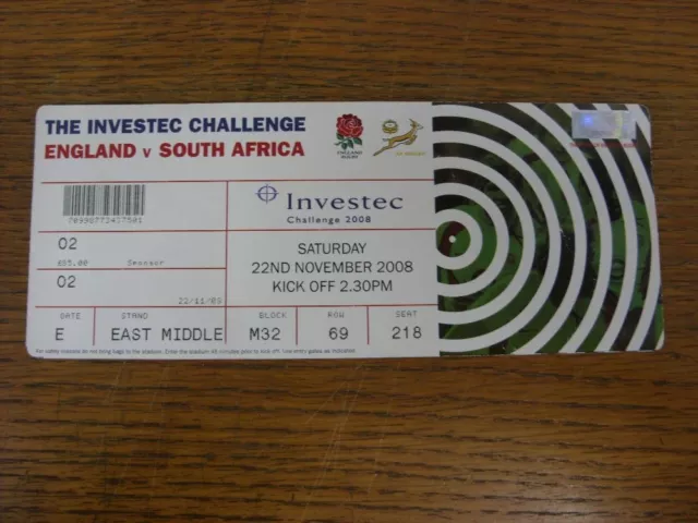 22/11/2008 Ticket: Rugby Union - England v South Africa [At Twickenham] (creased