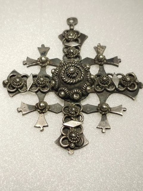 Pendentif Croix Vintage Jérusalem - Verre Bleu Facetté - Argent Massif 950 - Années 70