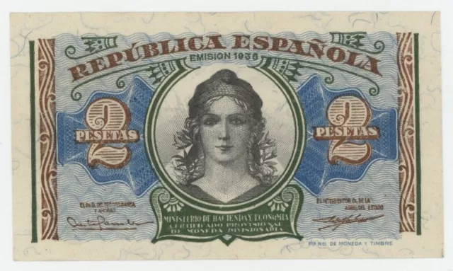 Spain España 2 Pesetas 1938 Pick 95 UNC Uncirculated Banknote Liberty