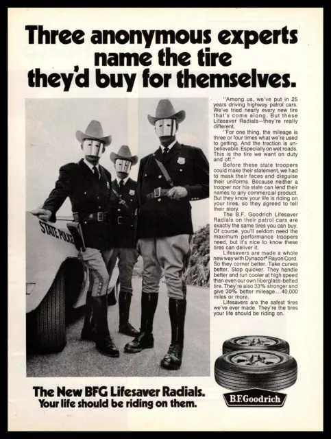 1970 B.F. Goodrich Lifesaver Radial Tires Three State Troopers In Masks Print Ad