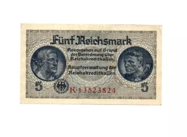 Genuine 5 Reichsmark 3 reich nazi banknote WW II very f c swastika rarer 8 no !!