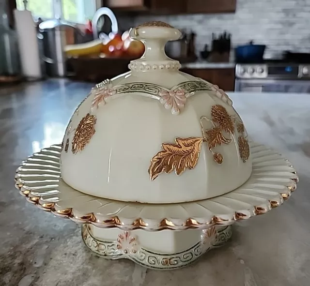 EAPG Northwood Pagoda Crystanthemum Sprig Butter Dish Custard Glass Gold 1899