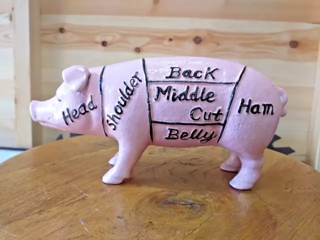 Pig Piggy Bank Novelty Moneybox Butchers Cuts Harrisons Hams In Cast Iron