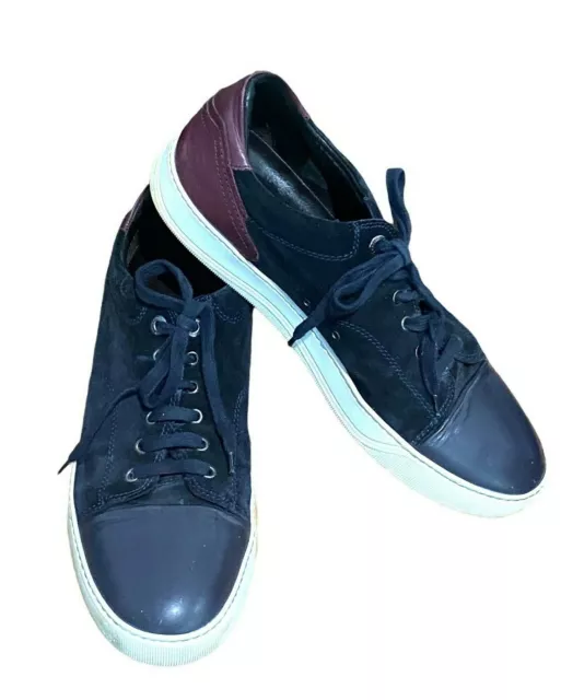 Mens Lanvin Navy Suede Burgundy Leather Cap Toe Lace Up Shoe  Sneaker UK10 US 11