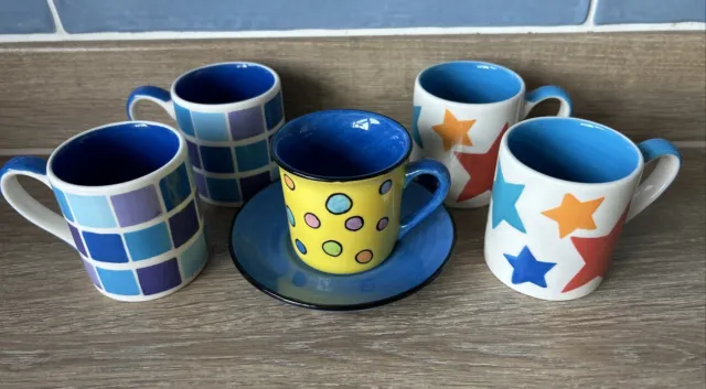 Whittard Of Chelsea Expresso Cups x5 Hand Painted Mixed Designs Blue Stars Spot