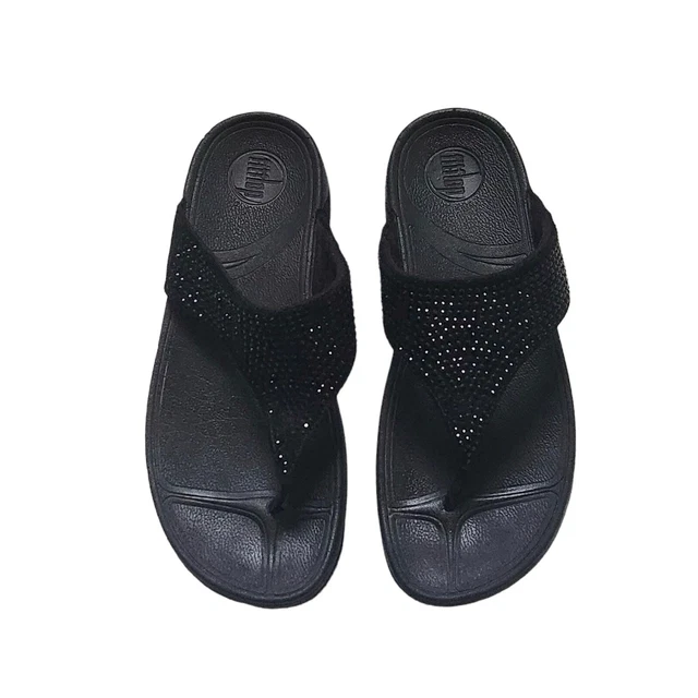 FitFlop Womens Thong Wedge Sandals Suede Rhinestones Slip On Black Size 9