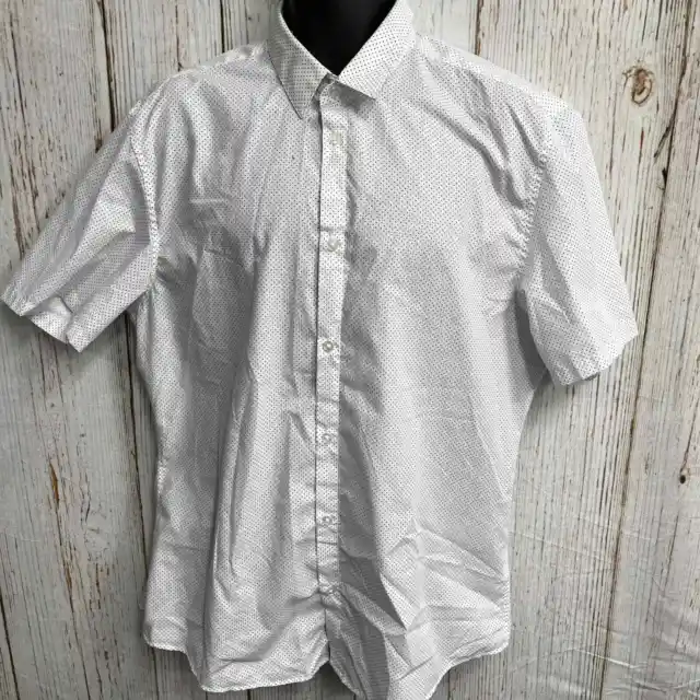 HM Button Up Shirt Men Size XL White Polka Dots Slim Fit Short Sleeve STAINS