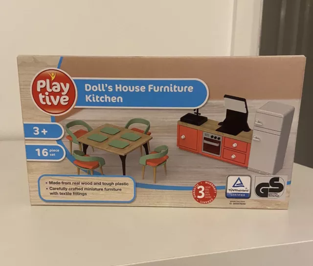 PLAYTIVE WOODEN DOLLS House Furniture Kitchen 16 Piece Set New