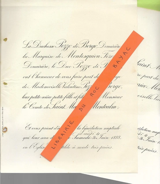 FAIRE PART MARIAGE +Cte de SAINT MAURICE MONTCALM /V. POZZO DI +1888 Paris EUR 15,00 FAIRE PART MARIAGE +Cte de SAINT MAURICE MONTCALM /V. POZZO DI +1888 Paris EUR 15,00