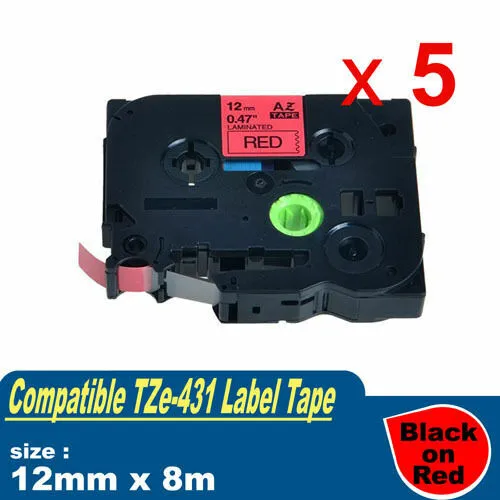5x Compatible Brother TZE-431 P-Touch Label Tape TZ-431 12mm x 8m Black on Red