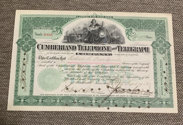 Cumberland Telephone and Telegraph Company Stock Certificate