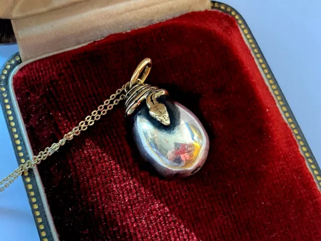 Antique Imperial Faberge 14k Gold 56 Silver Egg Snake Pendant Kollin Chain