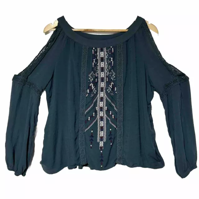 Knox Rose Womens Embroidered Open Shoulder Shirt Top 2XL Boho Bohemian Teal Blue