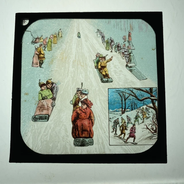Vintage Magic Lantern Slide Victorian Sledging Down Hill In Snow
