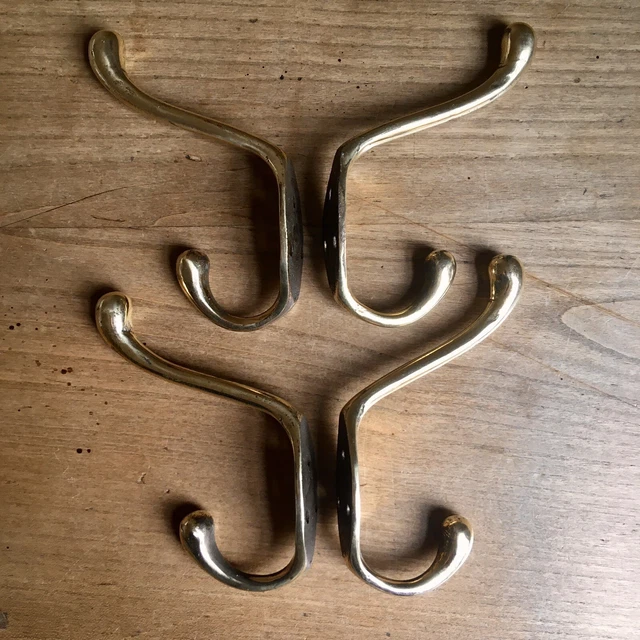 Set Of 4 Antique Brass Double Coat Hooks Victorian Vintage Reclaimed Old 7