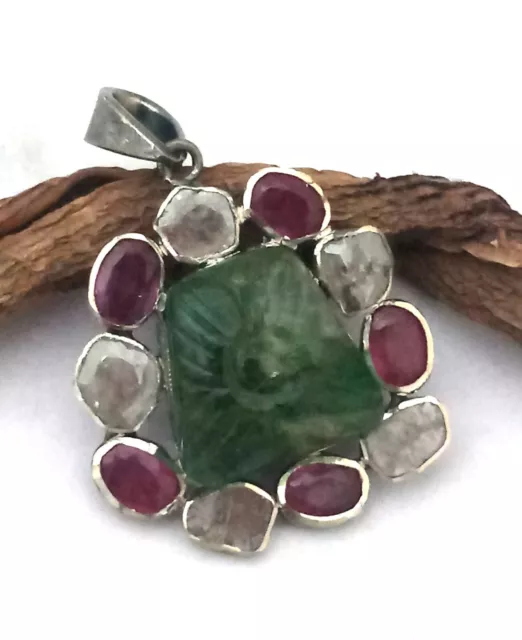 Emerald Ruby Gemstone Pendant 925 Sterling Silver Pendant Polki Diamond Pendant