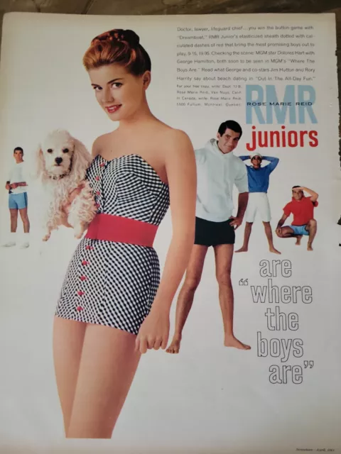 1961 Rose Marie Reid juniors womens black checked swimsuit poodle dog vintage ad