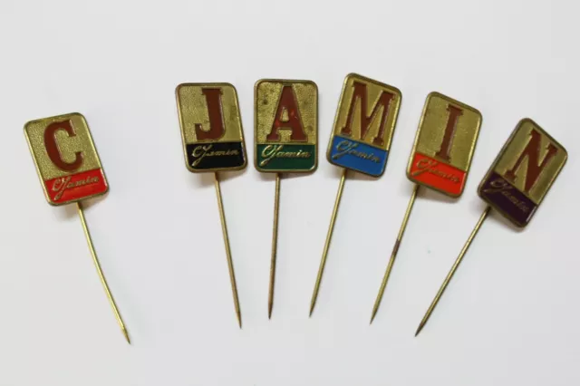 6 X Pin von / Aus Anstecknadel Logo / Abzeichen C. Jamin Schrift Marca. C.1960's