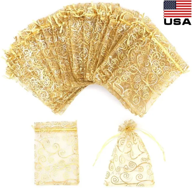 100x Gold Sheer Organza Bags 4x5 Inch Mesh Jewelry Favor Drawstring Gifts Bags