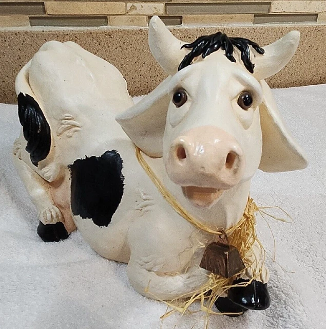 Vtg. Adorable Cow Coin Money Piggy Bank & Real Cow Bell No Markings.
