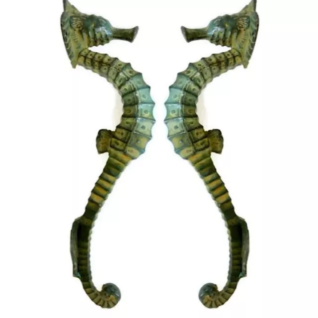 2 small SEAHORSE solid brass door AGED GREEN old style house PULL handle 10" B