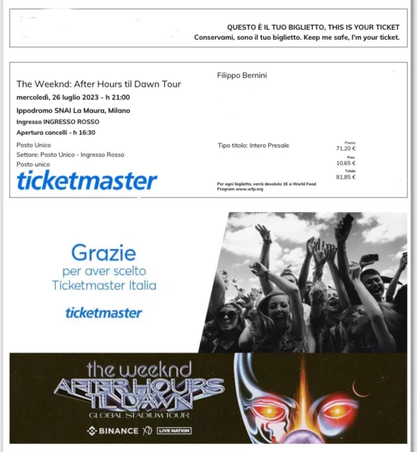 1 Biglietto Posto Unico ingresso ROSSO Concerto The Weeknd Milano 26/07/23