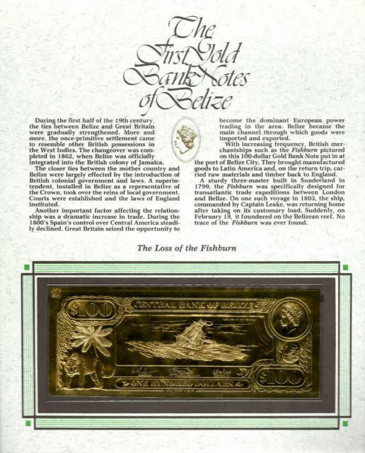 22kt Gold $100 Belize UNC 1981 Banknote- Fishburn - RARE