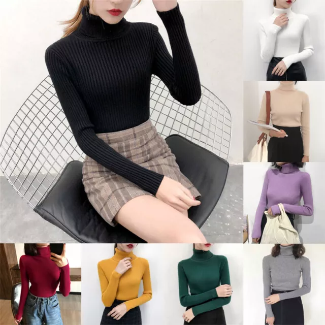 Women Knit Long Sleeve Pullover Solid Sweater Jumper Turtleneck Slip Warm Tops