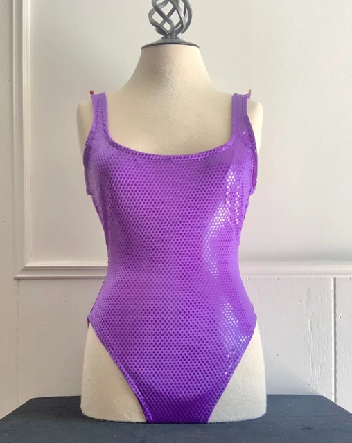 Cole of California Purple Swimsuit 1 Piece Polka Dot High Cut Vintage 1980s 10US