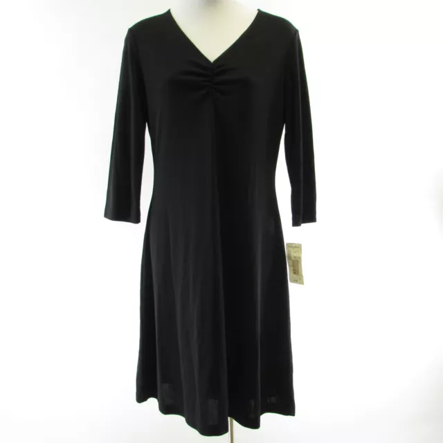 Caslon Black Shift Dress Size M Petite 3/4 Sleeves V Neck Ruching Knee NEW $88