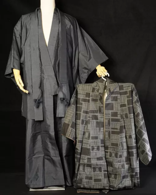 Japanese Oshima Tsumugi 100% Silk Kimono gown fabric for Men set of 2  THT