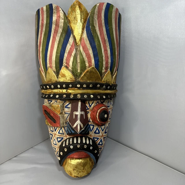 African Tribal Face Mask Wood Hand Carved Vintage Wall Hanging Colorful Gold
