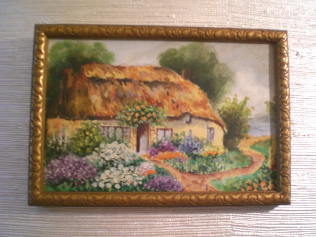 ORIGINAL ENGLISH THATCHED COTTAGE PAINTING Signed A W / Art Nouveau Gilt Frame