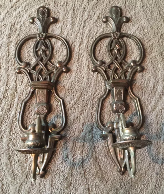 15" Vintage Pair Solid Antique Brass Sconces Wall Candle Holders
